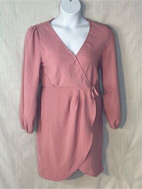 Simplee Dress Pink Swiss Dot Faux Wrap Surplus Long Sleeves Elastic Back Waist L